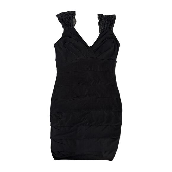 Enfocus Studio Womens Black Cocktail Dress Size 4 Lace Cap Sleeve Bodycon V-Neck - Picture 2 of 6